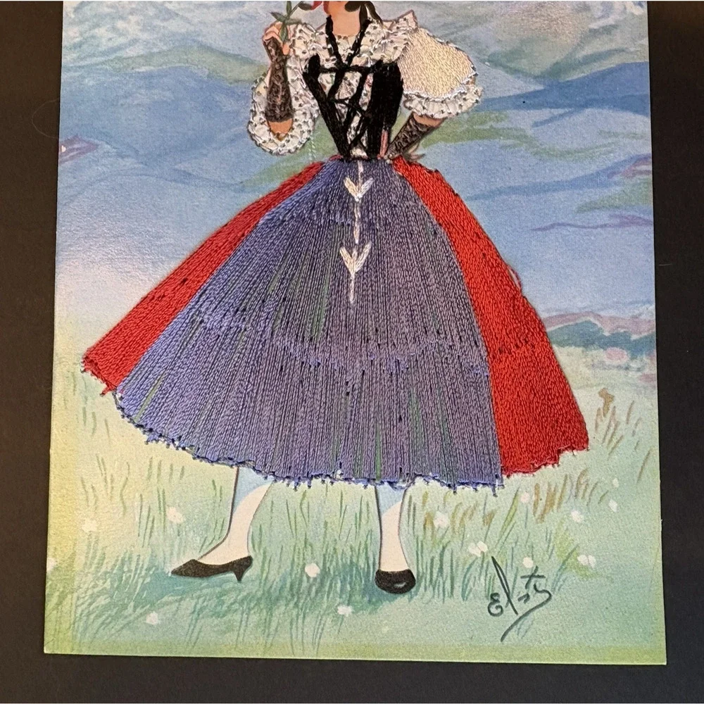 Vintage Embroidered Card‎ of Woman Wearing Swiss National Costume Blue Red